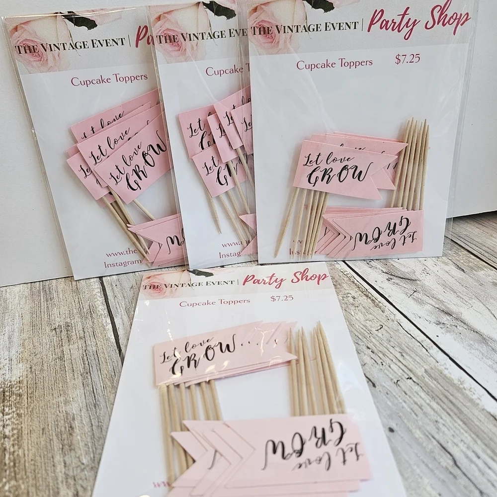 48 Pink Cupcake Toppers- Let Love Grow